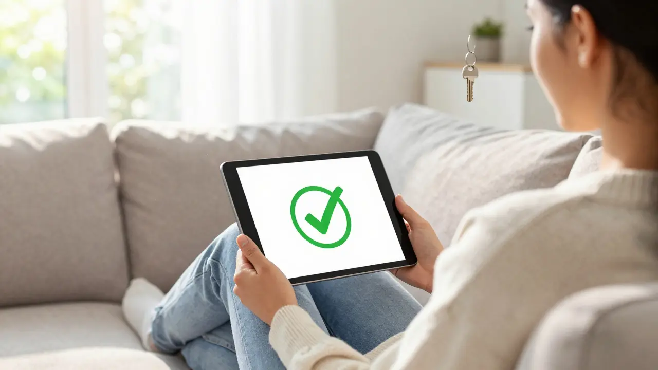 Entspannter Vermieter in hellem Wohnzimmer mit Tablet