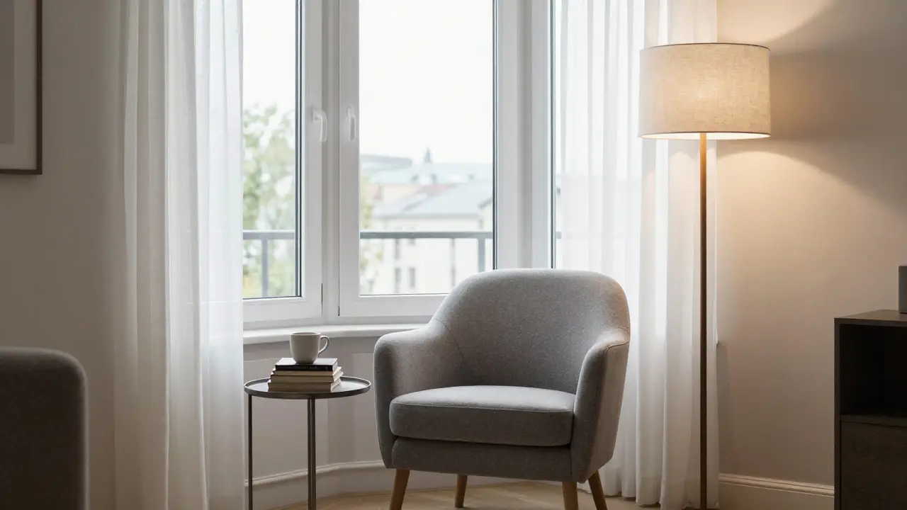 Gemütliche Leseecke mit Sessel und Lamp im Fenster