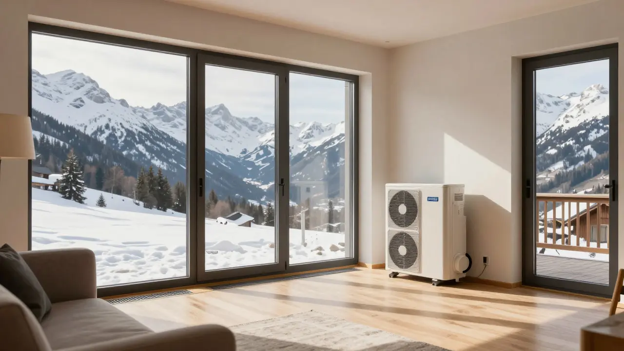 Gemütliches Wohnzimmer mit moderner Wärmepumpe und Alpenblick nach Sanierung.
