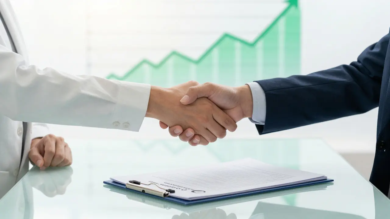 Handschlag über sauberem Tisch mit abgeschlossenem Due-Diligence-Akten