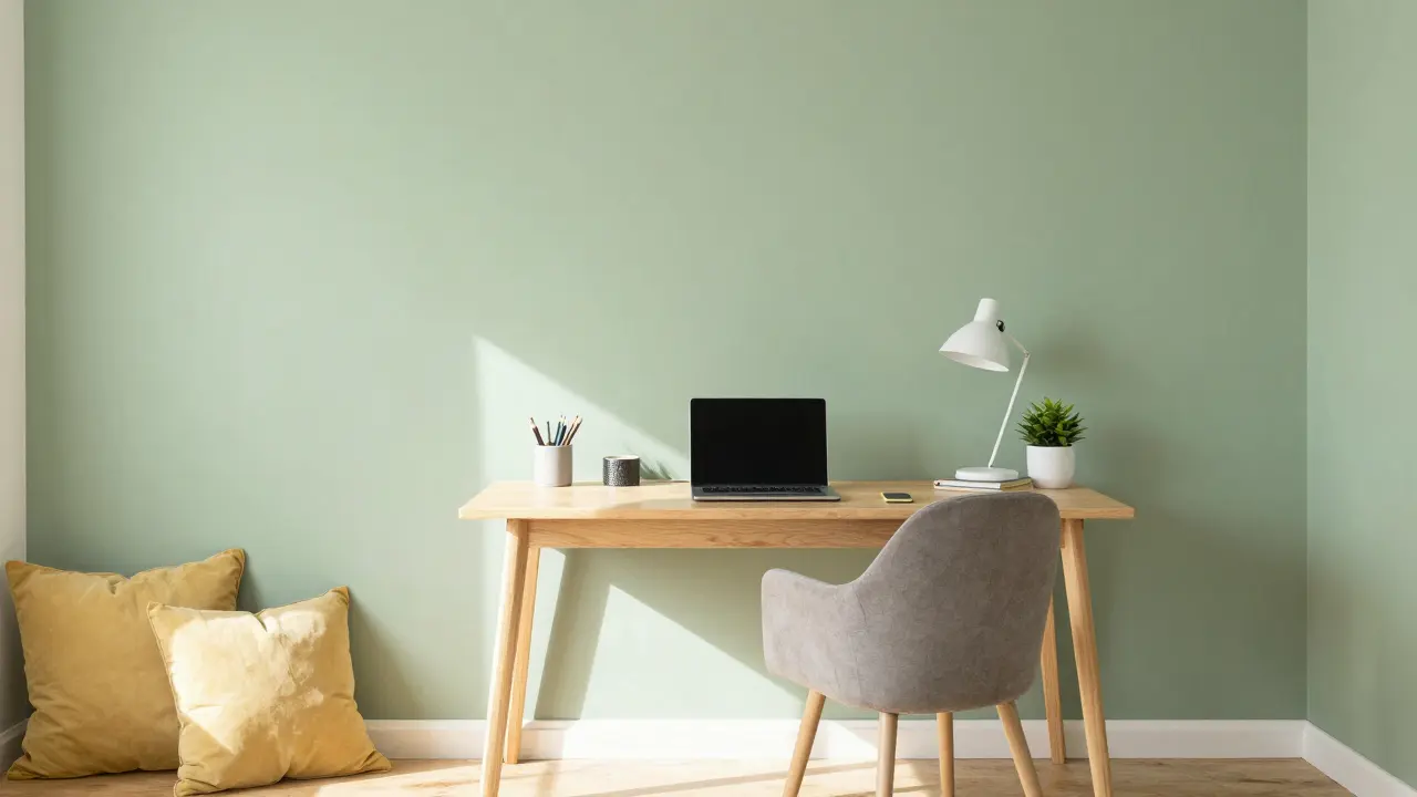 Hellgrünes Homeoffice mit gelben Akzenten für Fokus und Kreativität.