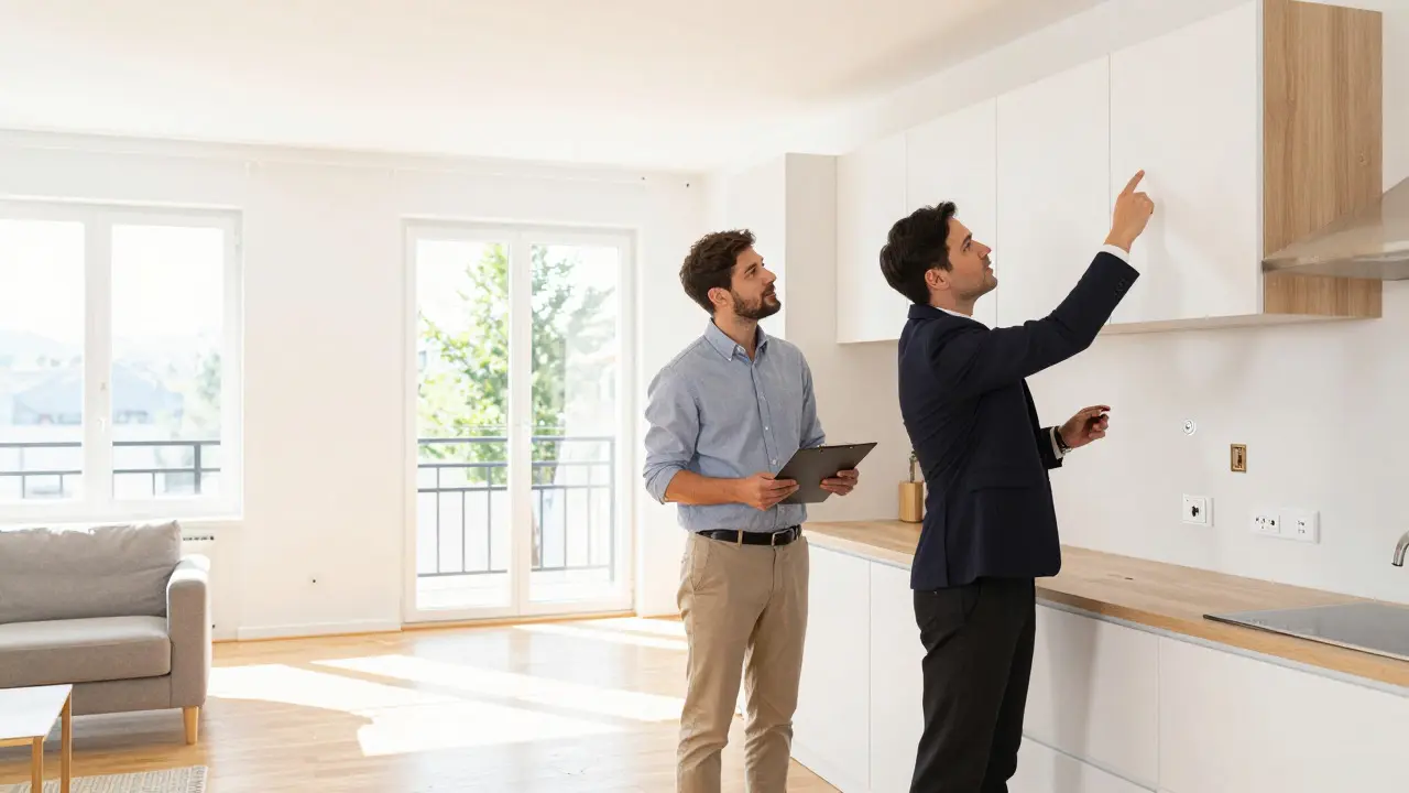Käufer prüft Zustand einer modernen Wohnung in Österreich