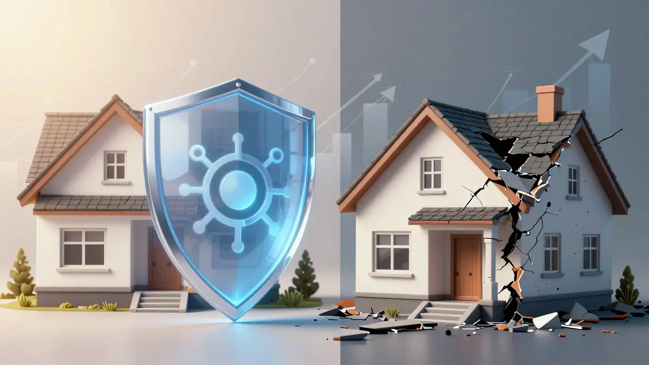 Kontrast zwischen geschütztem und beschädigtem Haus