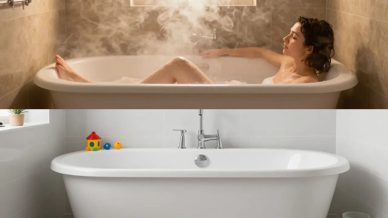 Konzeptbild: Wellness-Bad versus praktisches Familienbad mit unterschiedlichen Wannen