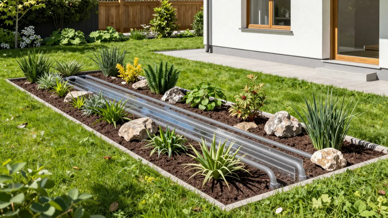 Moderne naturnahe Regenwasserversickerung im Garten eines Hauses