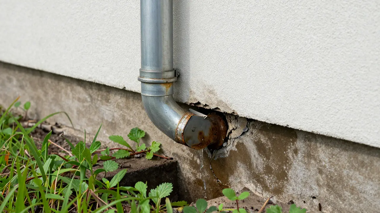 Nahaufnahme defekter Dachrinnen und stauendem Wasser am Fundament