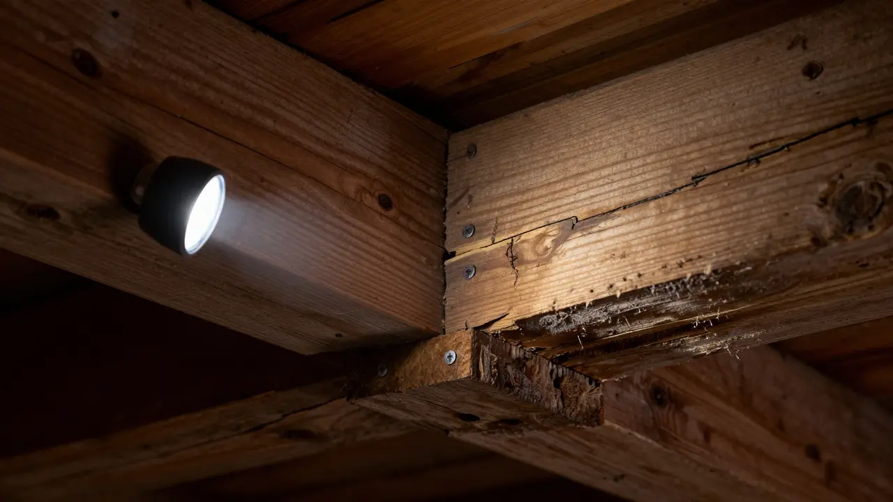 Nahaufnahme eines Balkens mit Rissen und Lichtkegel bei Inspektion