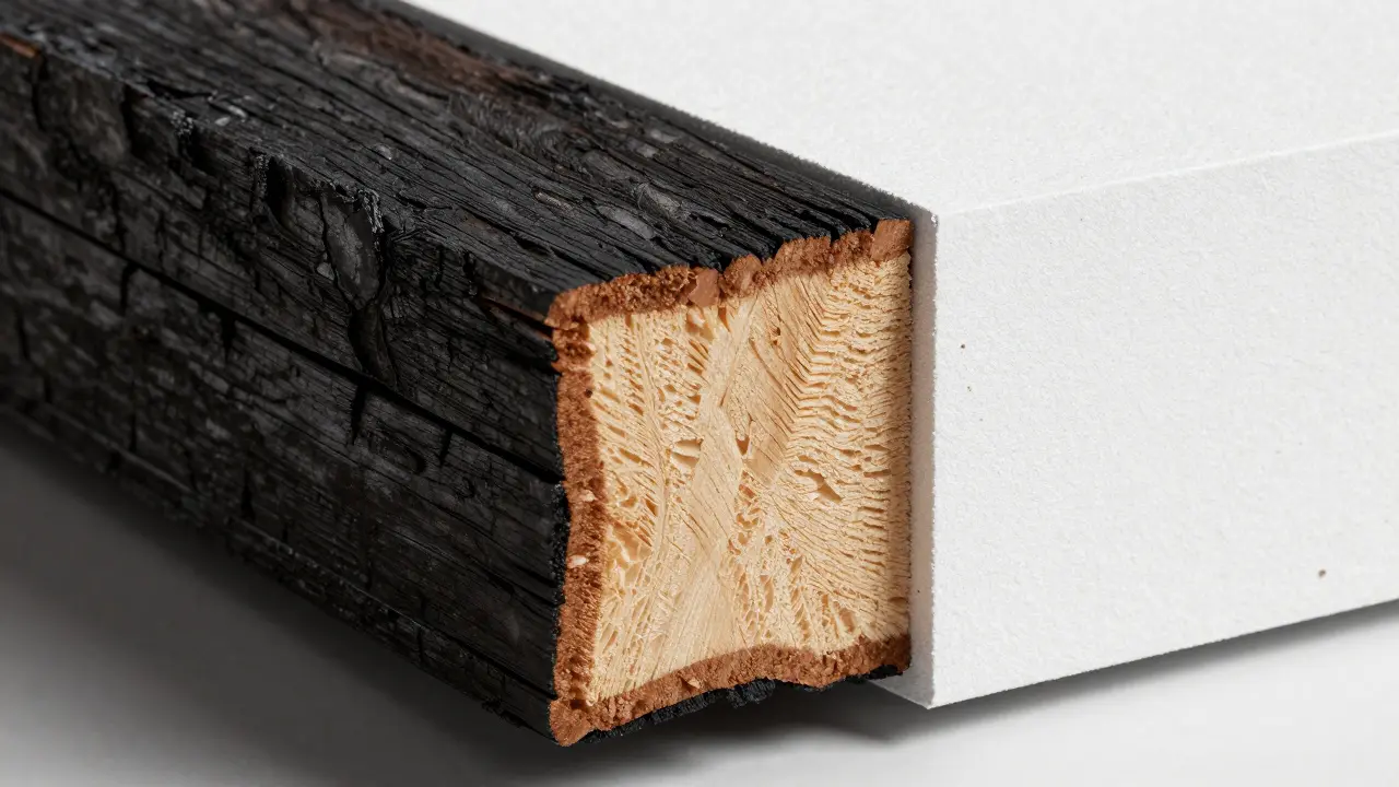 Querschnitt von verkohltem Holz mit Brandschutz