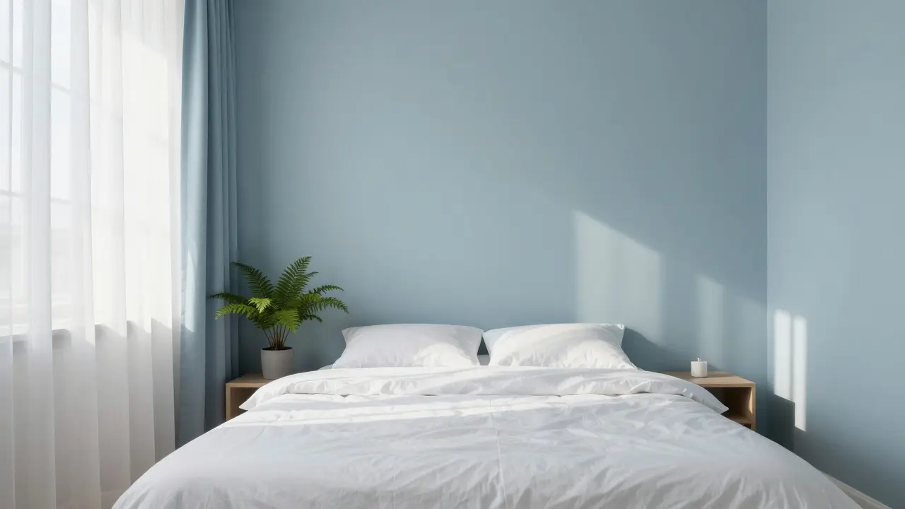 Ruhiges Schlafzimmer mit sanften blauen und grünen Wandfarben für besseren Schlaf.
