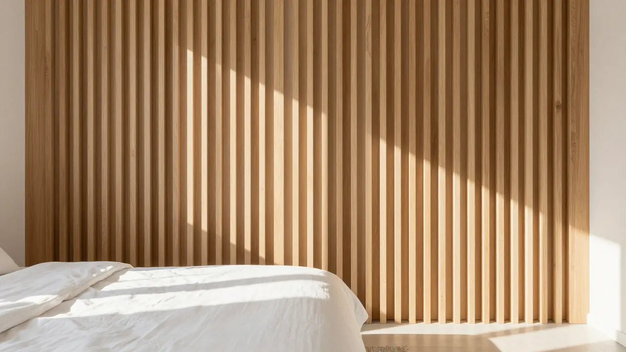 Schlafzimmer mit vertikalen Holzlamellen als Akzentwand