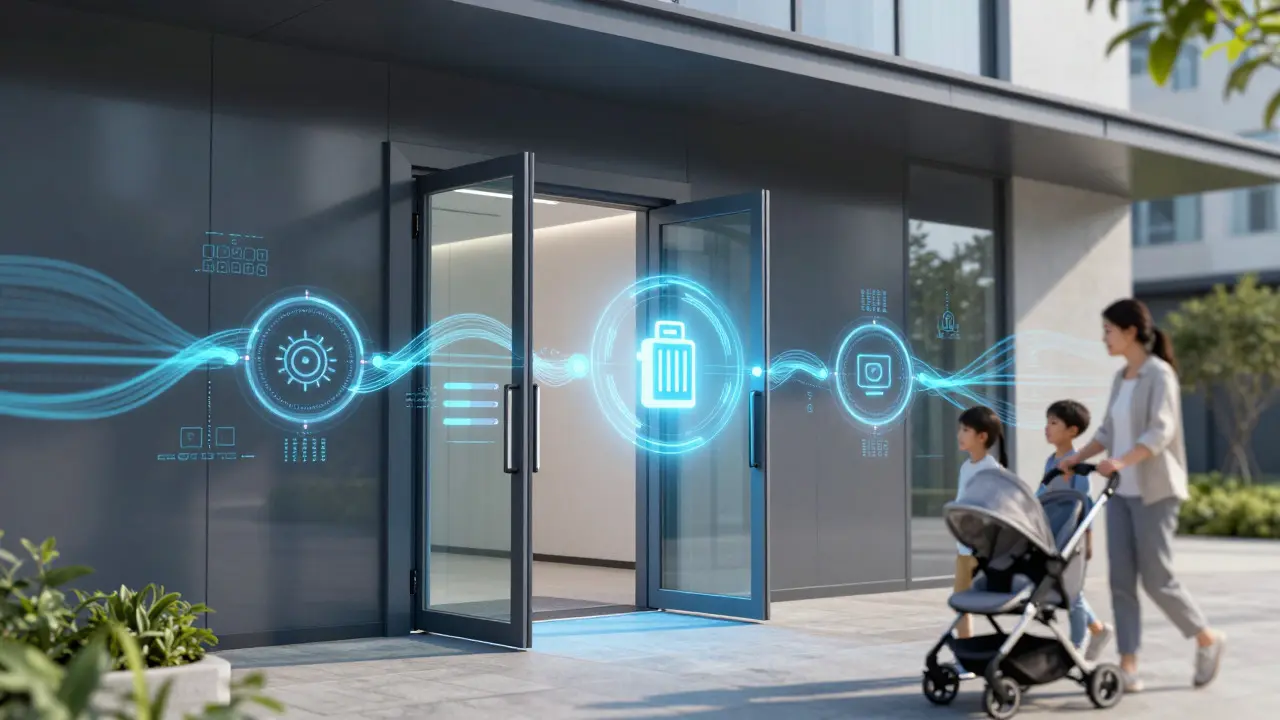 Smart Door mit KI-Steuerung und Energieeffizienz-Symbolen