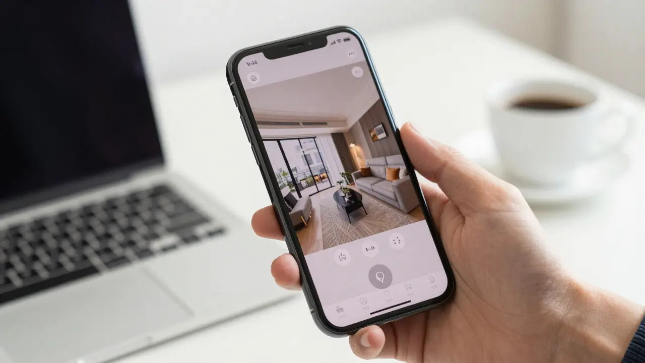 Smartphone zeigt detaillierte 3D-Virtual-Tour einer Wohnung