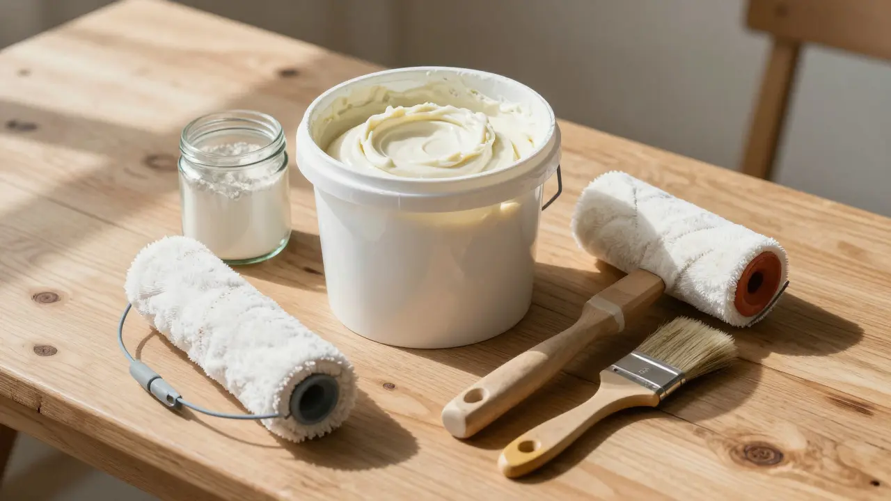 Stillleben mit Kalkfarbe-Behälter, Pigmenten und Malwerkzeugen
