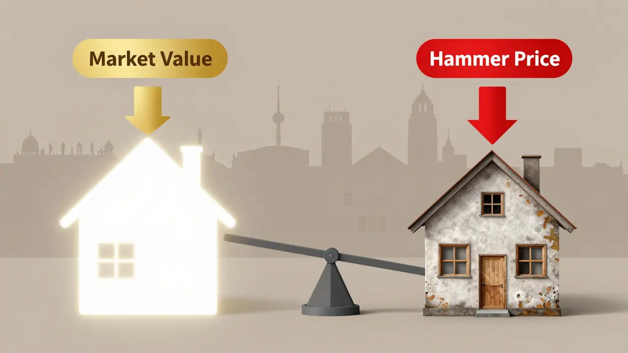 Symbolische Darstellung: Marktwert versus Zuschlagspreis bei Immobilien