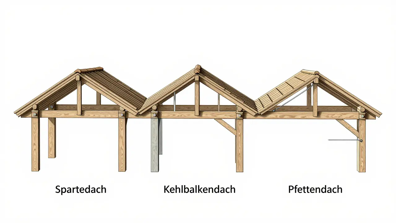 Technische Zeichnung der drei Haupt-Dachstuhl-Typen im Vergleich