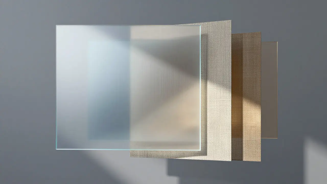 Abstract layered shapes showing glass, metal, and linen textures