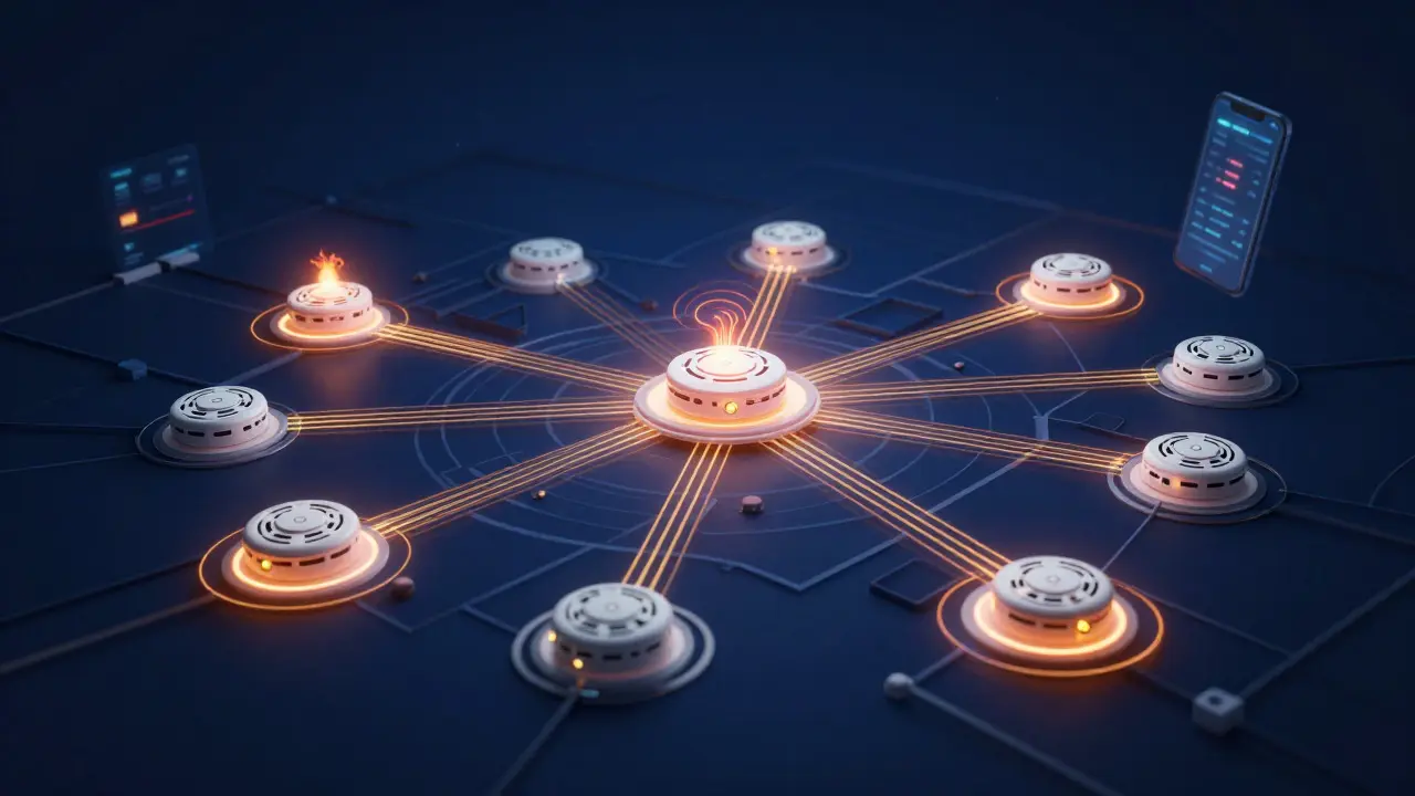 Abstrakte Darstellung eines vernetzten Smart-Home-System mit leuchtenden Signalen