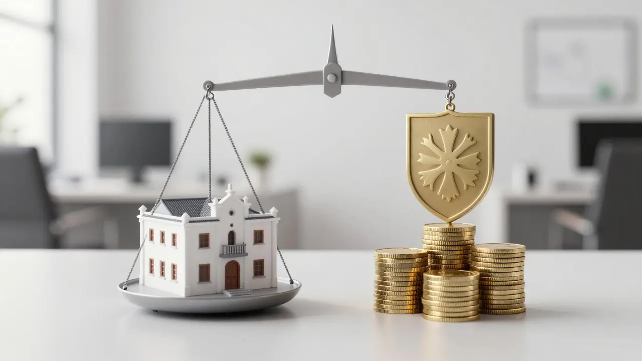 Abstrakte Waage mit Hausmodell und Goldmünzen für finanzielle Sicherheit