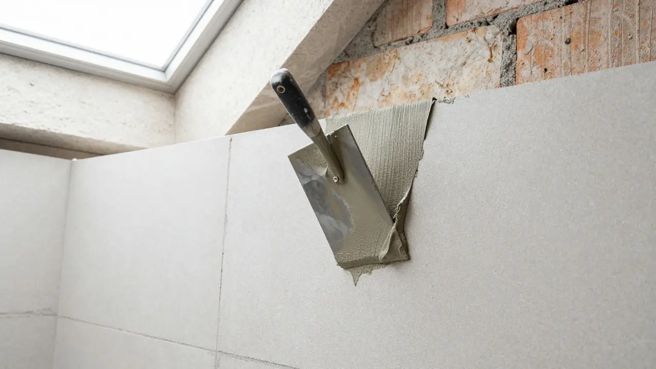 Anbringen einer grauen Dichtschlämme auf einer sauberen Kellertür mit Spachtel