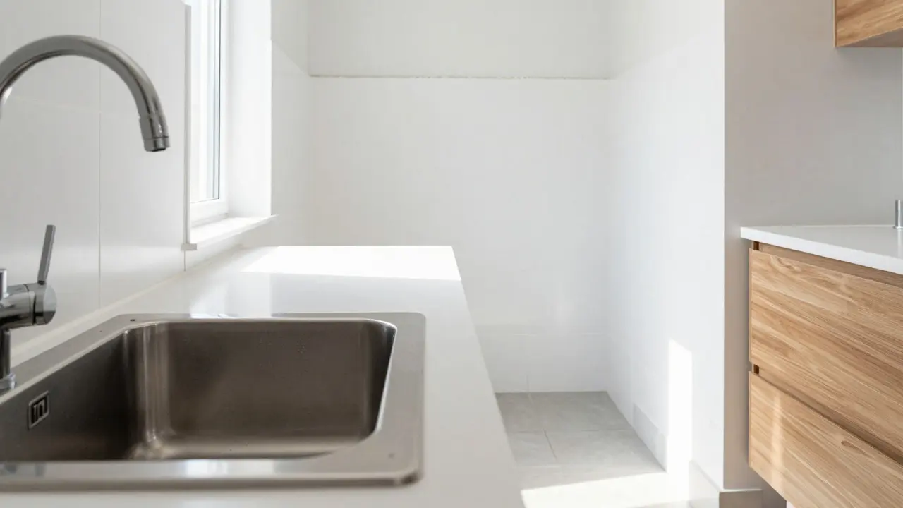 Close-up of modern kitchen plumbing and bathroom tiles during inspection