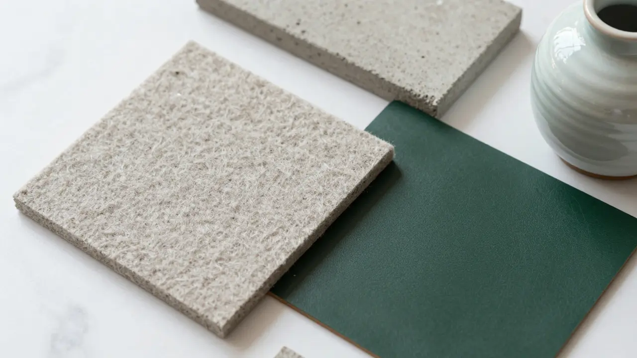Close-up of wool, leather, concrete, and ceramic material samples