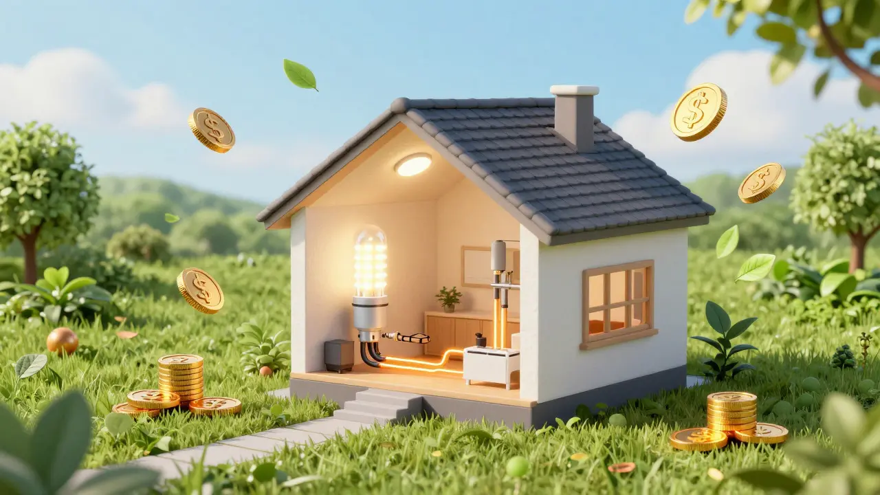 Cross-section of a house showing efficient energy use and greenery