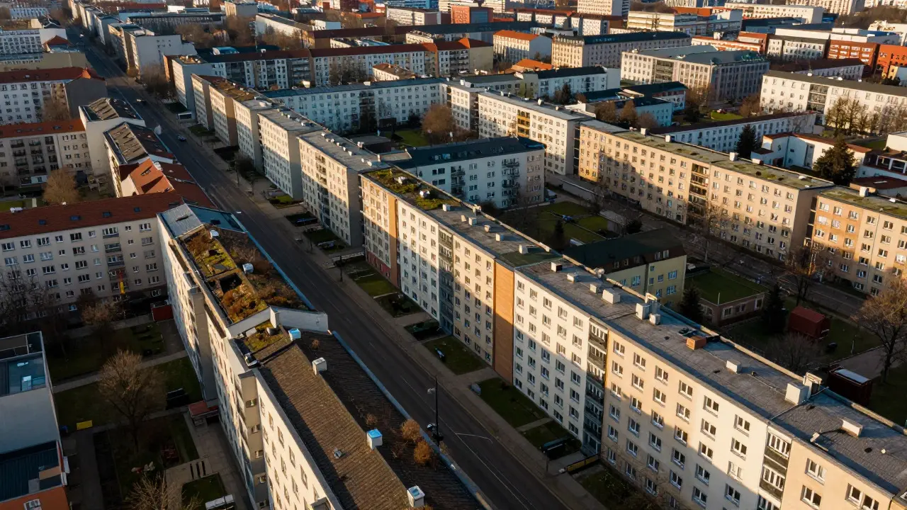 Dense urban apartment buildings viewed from above during sunset