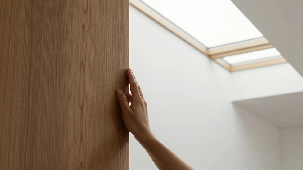Detailaufnahme von recyceltem Eichenholz und weißer Wand in einem modernen Interieur