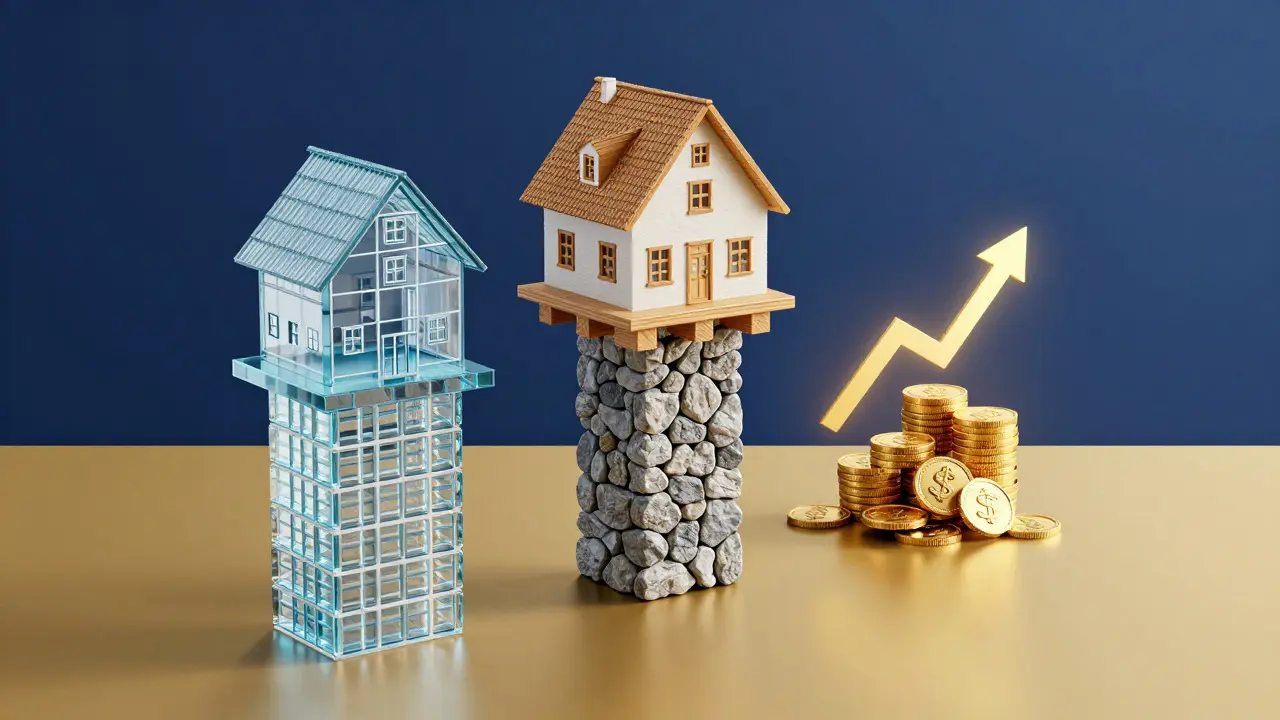 Drei Säulen repräsentieren Bewertungsmethoden unter einem Haus
