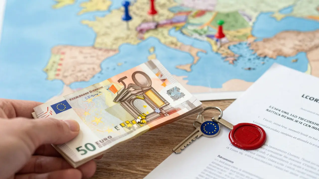 Euro-Scheine, Schlüssel und Vertrag auf einem Tisch vor einer Europakarte