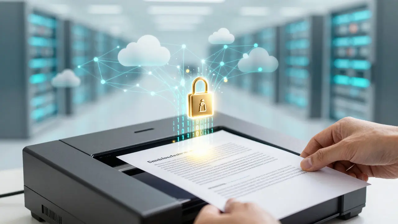 Futuristische Visualisierung von KI und Blockchain bei der Dokumentenspeicherung