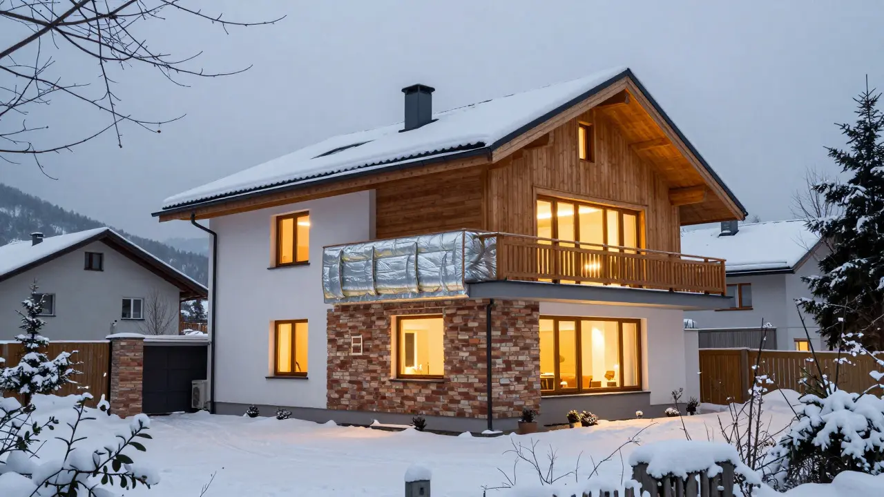 Gut gedämmtes Einfamilienhaus im Winter mit sichtbarer Wärmepumpe