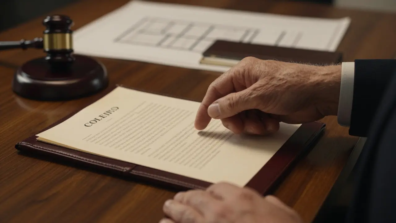 Händedruck über einem Erbbaurechtsvertrag auf einem Holztisch