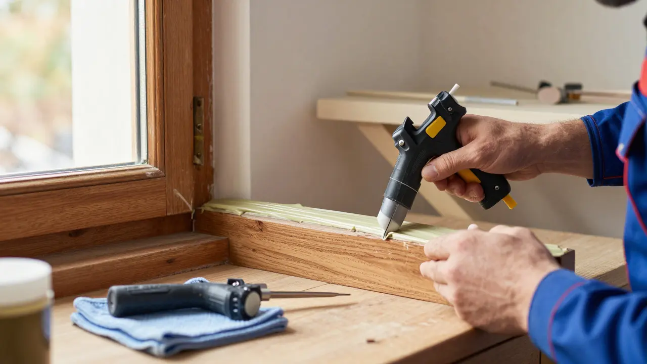 Handwerker erneuert Dichtungen an einem alten Holzfenster