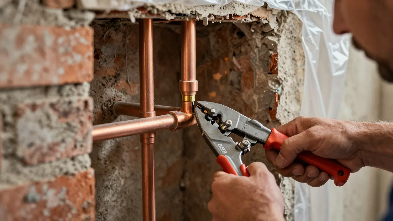 Handwerker verbindet Kupferrohre in einer freigelegten Wand während der Installation