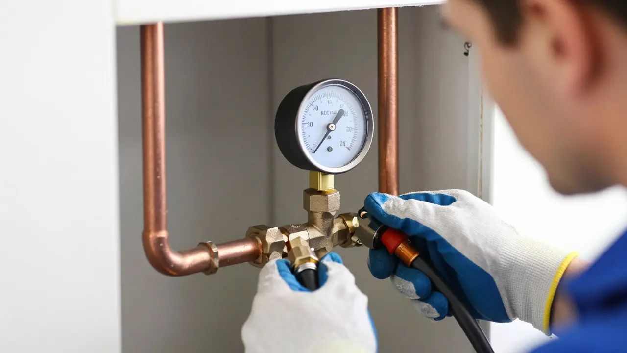 Installateur führt Druckprüfung an Wasserrohren durch