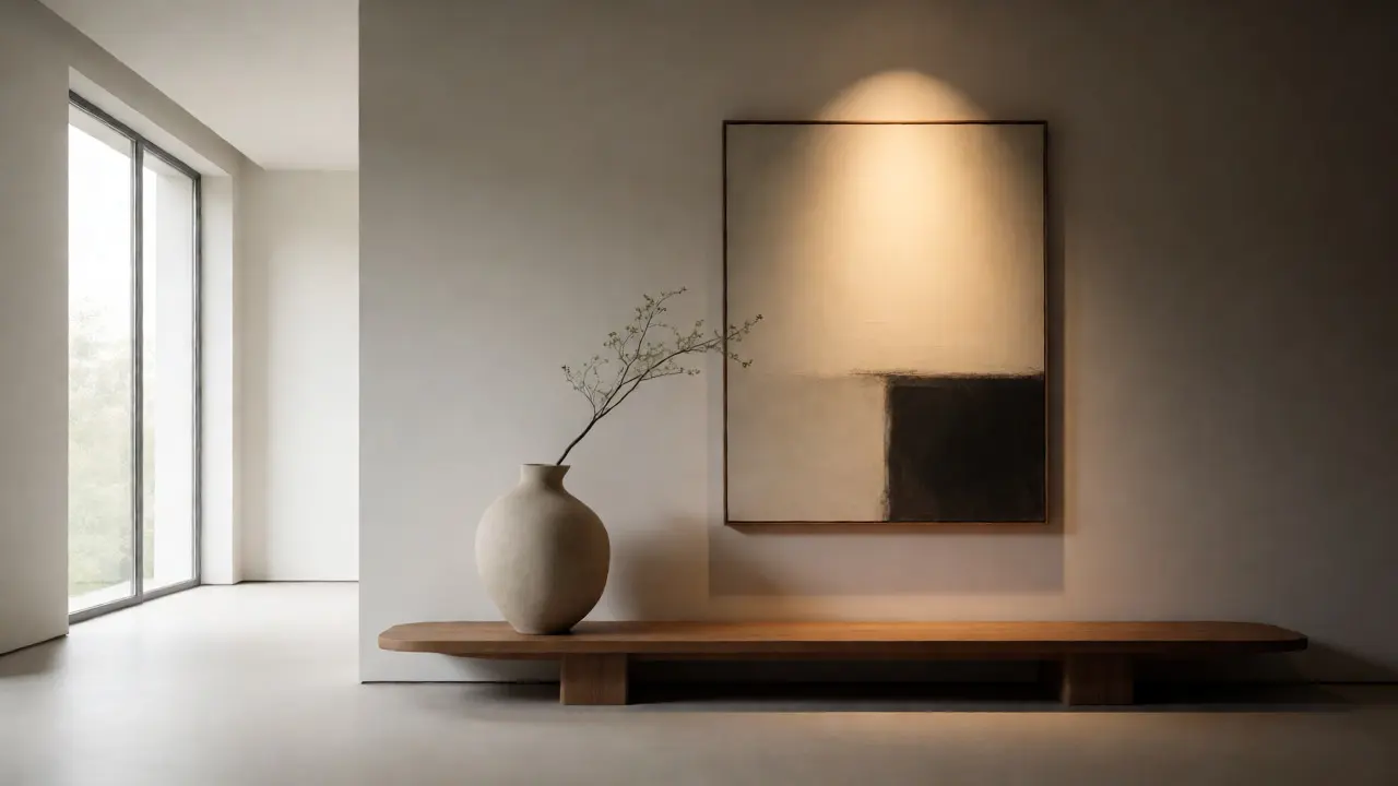 Minimalistisches Zimmer mit großen Statement-Pieces und ruhiger Atmosphäre