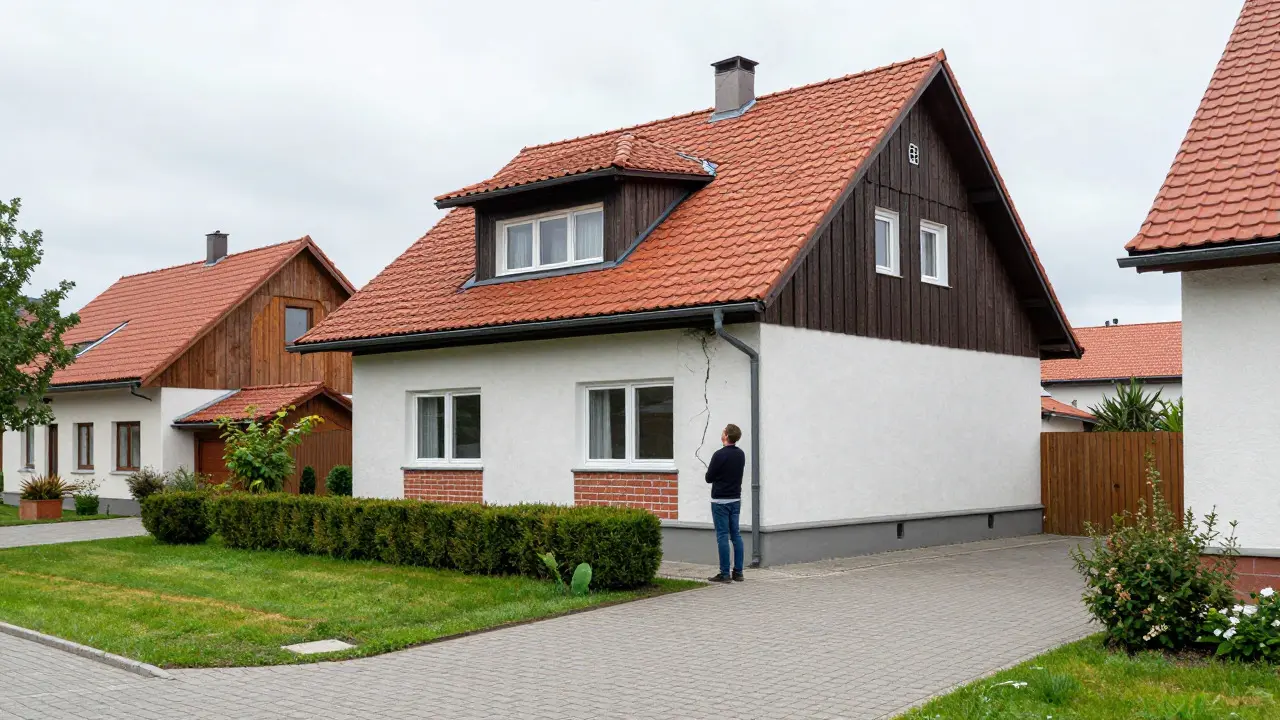 Person inspecting the exterior facade and roof of a suburban house