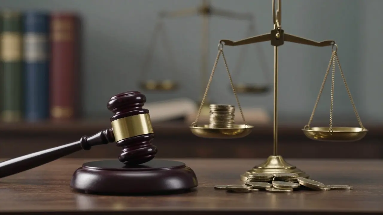 Rechtshammer und Waage mit Münzen für Vertragsstrafen und Durchsetzung
