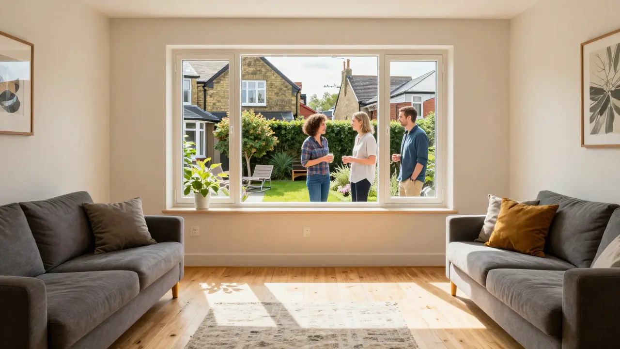 Renoviertes Wohnzimmer und freundliche Nachbarn im Garten