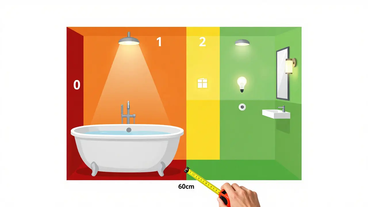 Schematische Darstellung der Schutzzonen im Badezimmer mit Beleuchtung