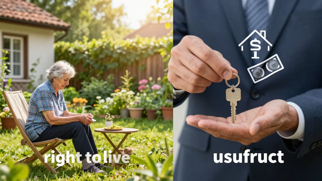 Split-Screen-Vergleich von Wohnrecht im Garten versus Nießbrauch mit Schlüsselübergabe.