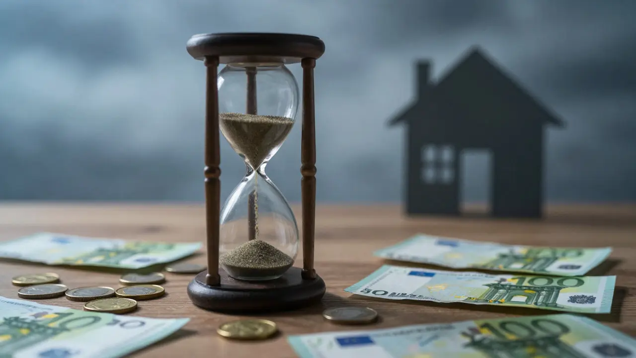 Stundeisanduhr und Euro-Scheine symbolisieren verspätete Immobilienzahlung