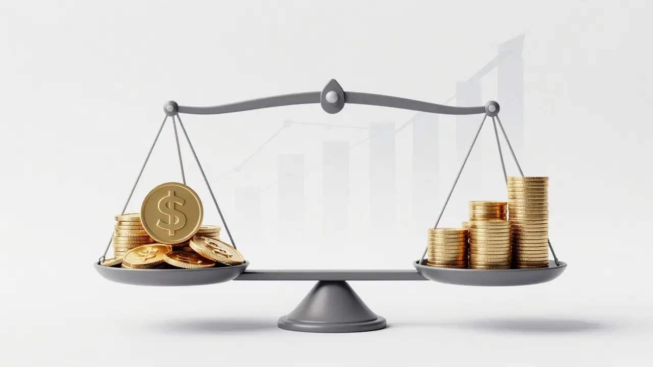 Waage mit Goldmünzen, die kurzfristige vs. langfristige Einnahmen vergleicht