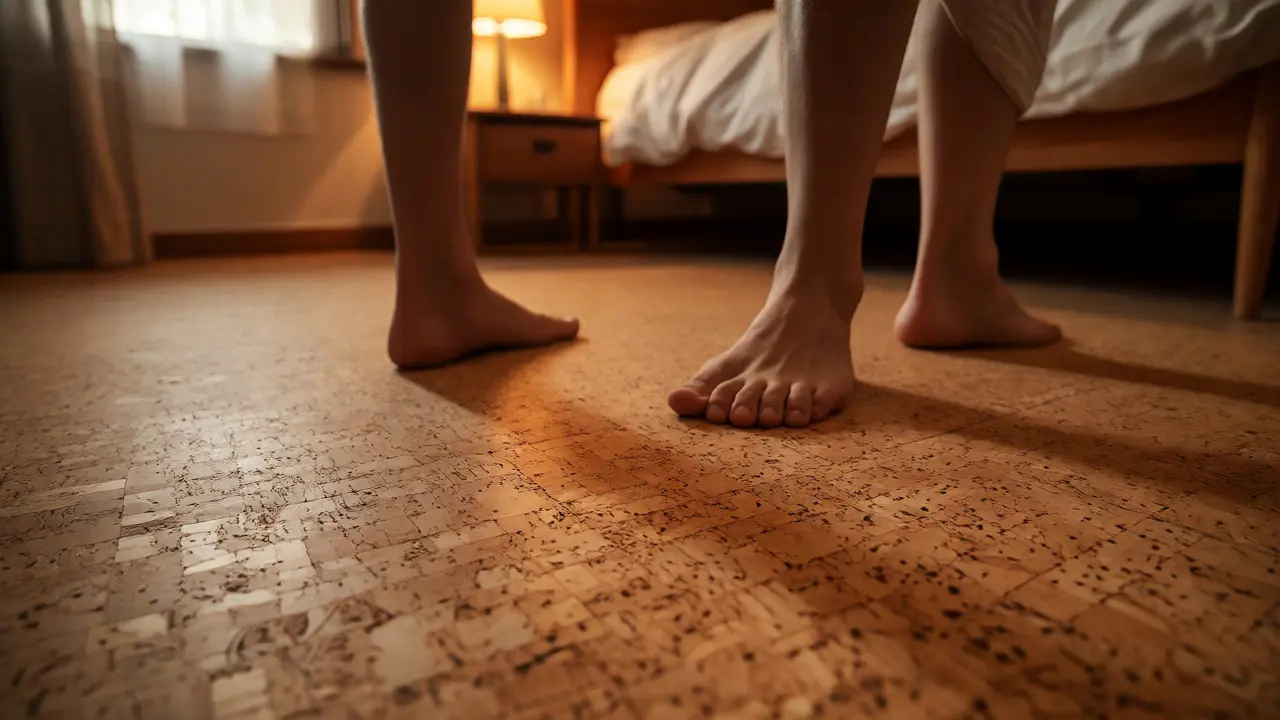 Bare Füße auf gemütlichem Korkboden im Schlafzimmer