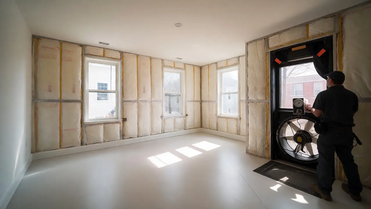 Blower-Door-Test wird in einem frisch renovierten Raum eines Reihenhauses durchgeführt.