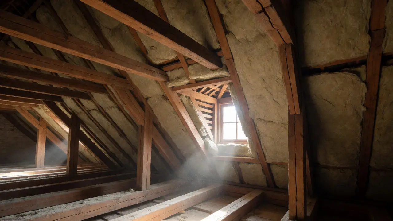 Dämmung zwischen alten Holzbalken im Dachgeschoss eines denkmalgeschützten Hauses