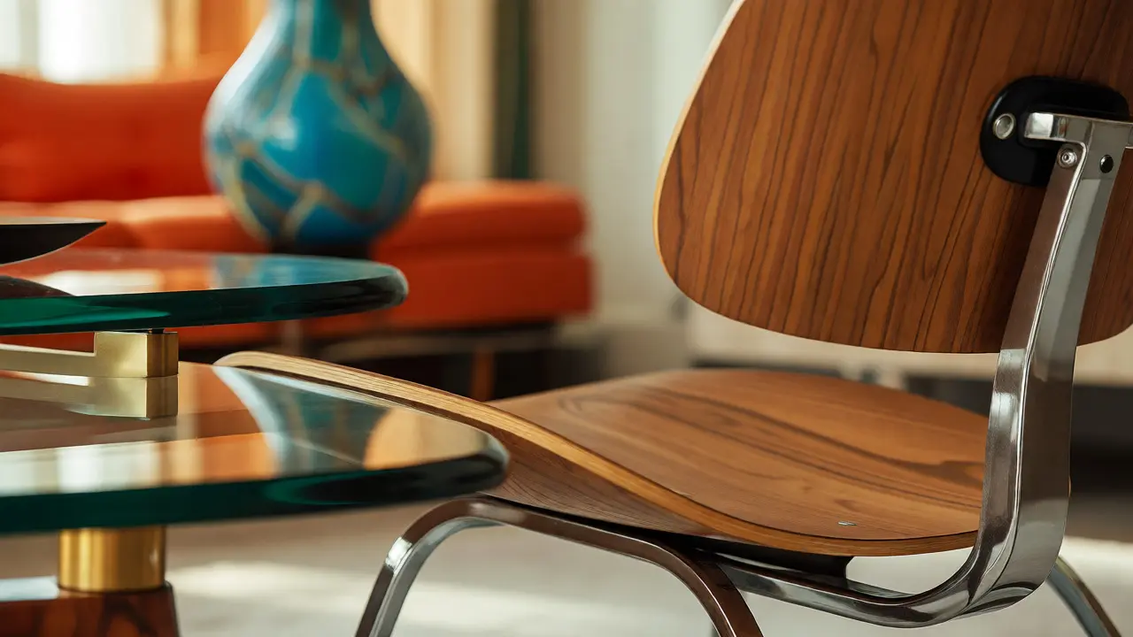 Detailaufnahme eines Plywood-Stuhls und Glas-Tisches mit farbigen Akzenten