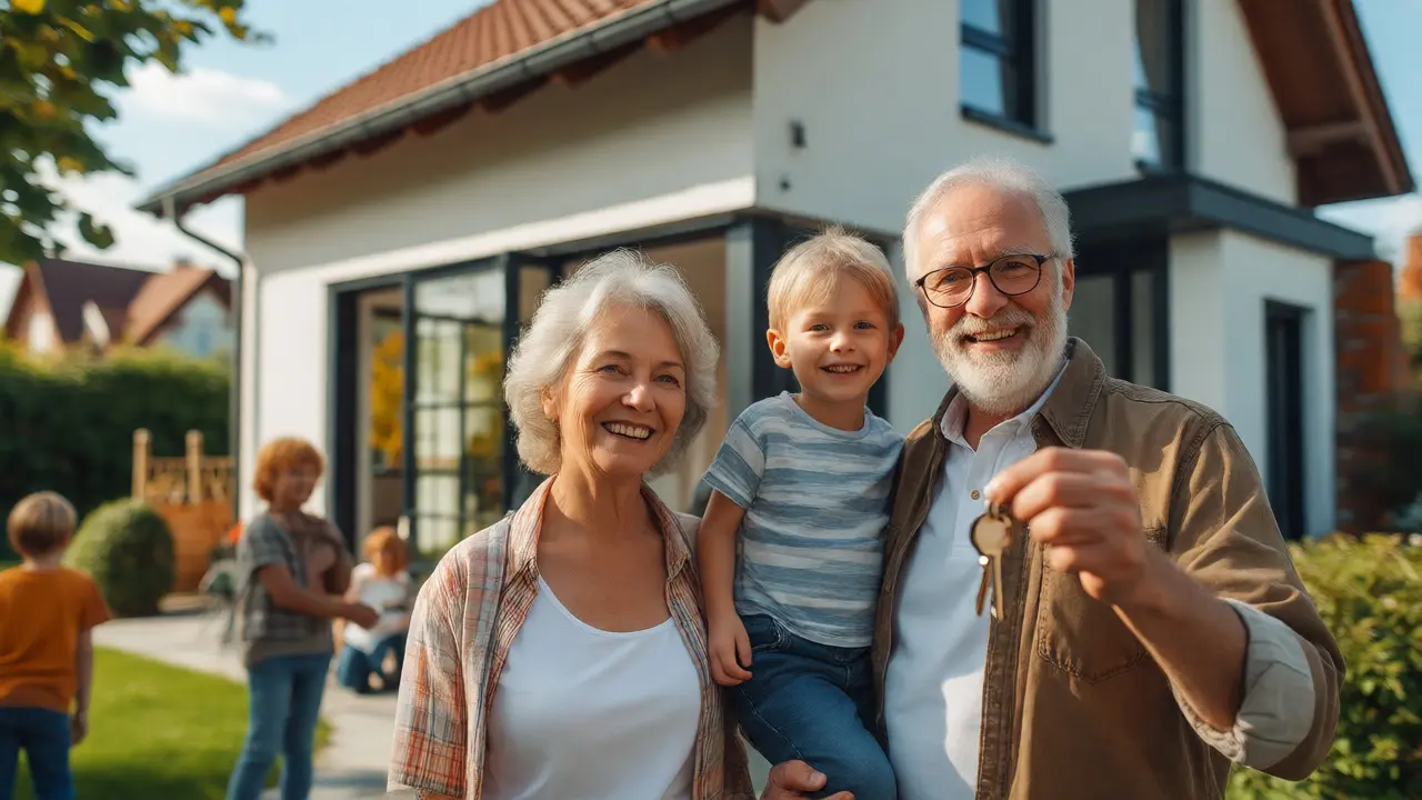 Glückliche Familie erhält Schlüssel für ihr neues energiesparendes Zuhause