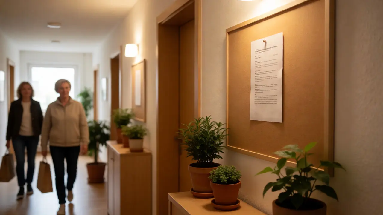 Harmonischer Flur eines Mehrfamilienhauses mit gut sichtbarer Information für Bewohner